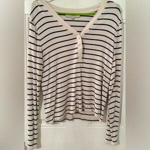 LOFT Striped V-Neck Ribbed Henley Top - Ivory & Black
